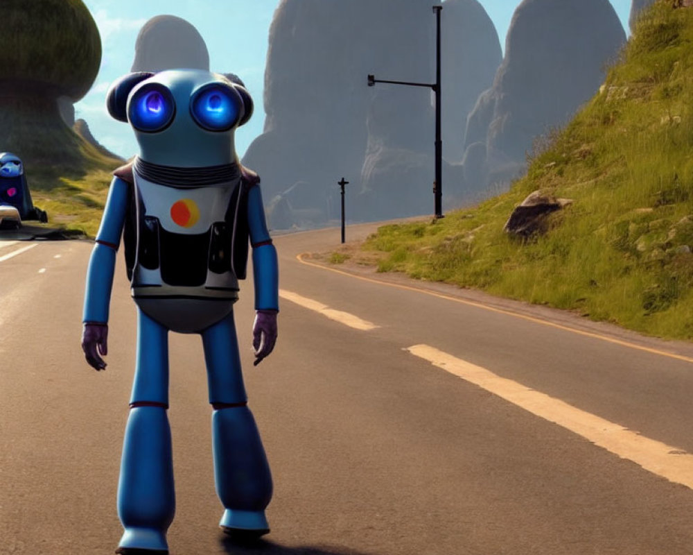 Blue and White 3D Animated Robot on Road with Grass Hills