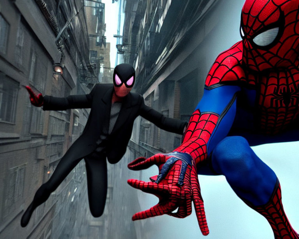 Two Spider-Man characters swinging in different suits between city buildings