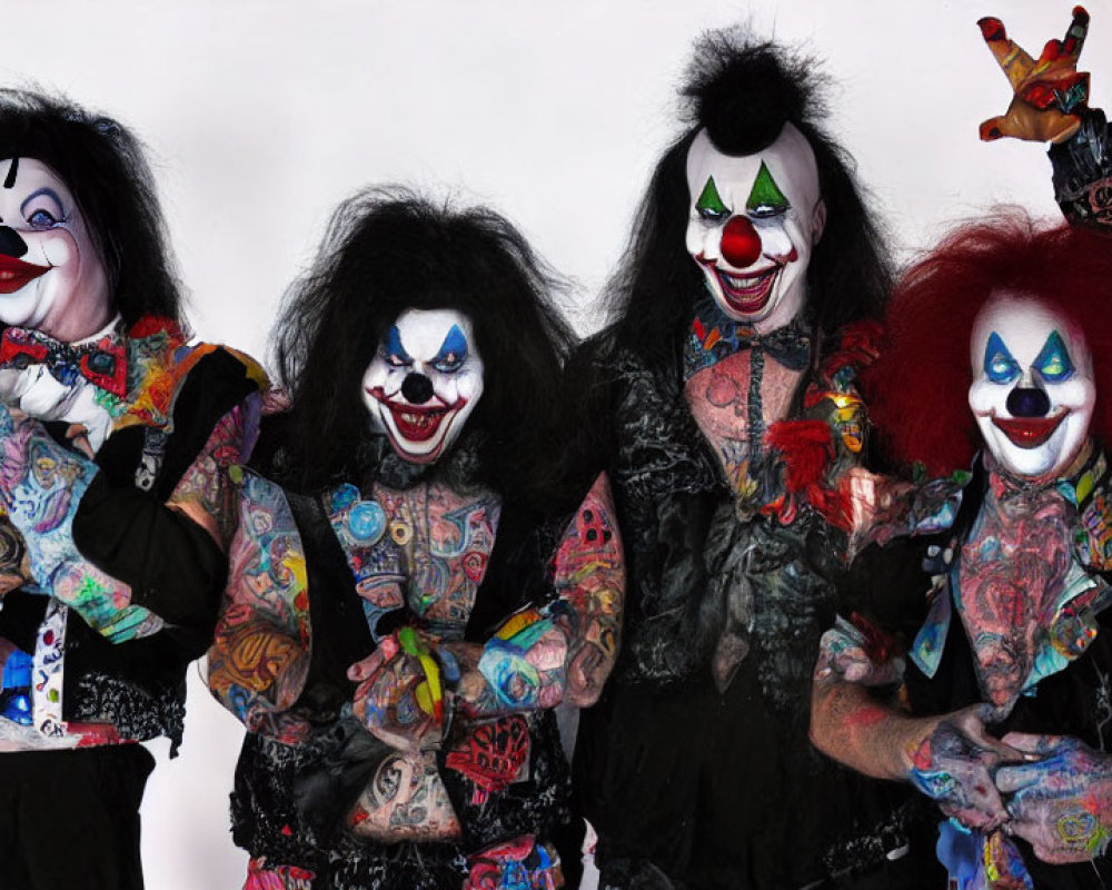Four Colorful Clowns with Exaggerated Makeup and Vibrant Costumes