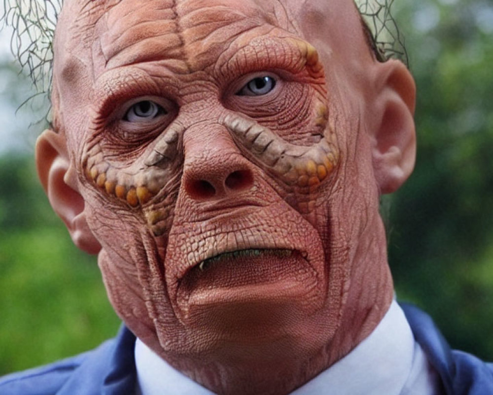 Detailed close-up of person in wrinkled alien mask with large eyes, no nose, small mouth,