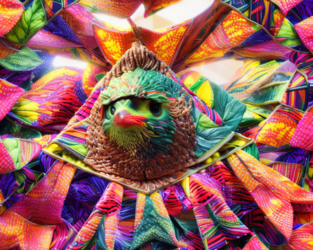 Colorful digital art: surreal parrot head in kaleidoscopic paper stars