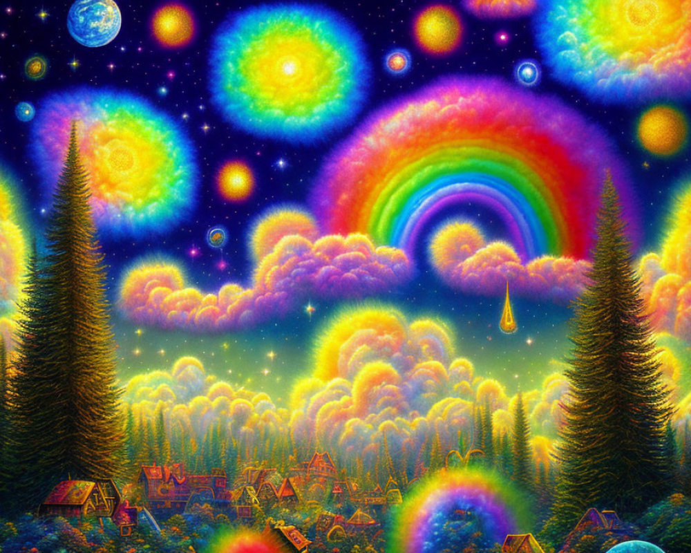 Colorful Psychedelic Landscape with Rainbow, Celestial Bodies, Trees, and Whimsical Houses