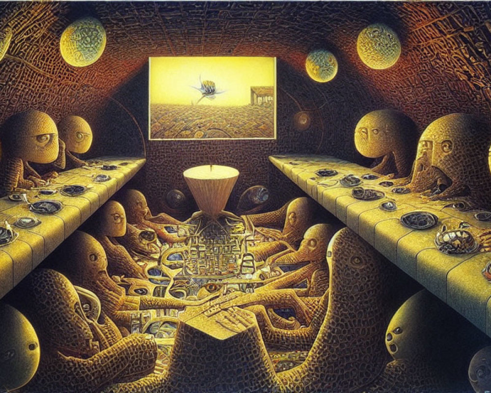 Surreal room with face-like shapes, hieroglyph engravings, objects, and lot