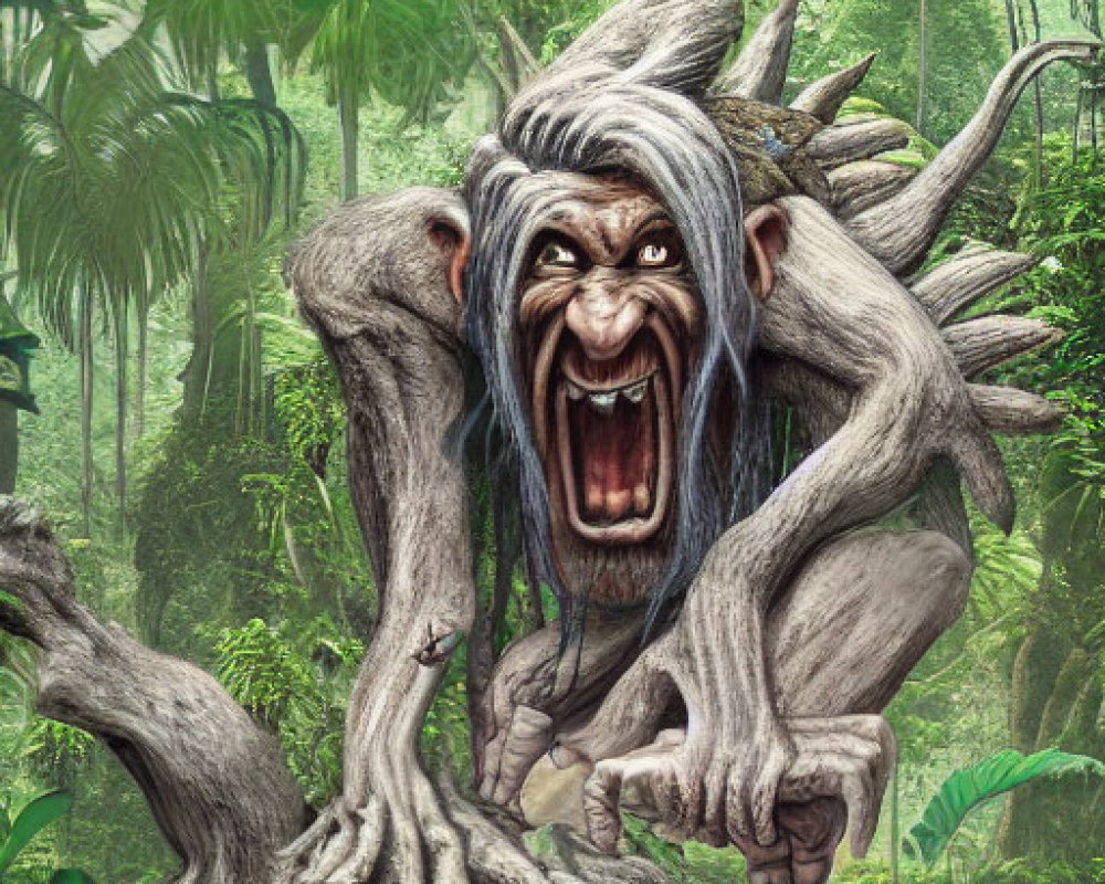 Tree with human-like face showing anger in dense jungle landscape