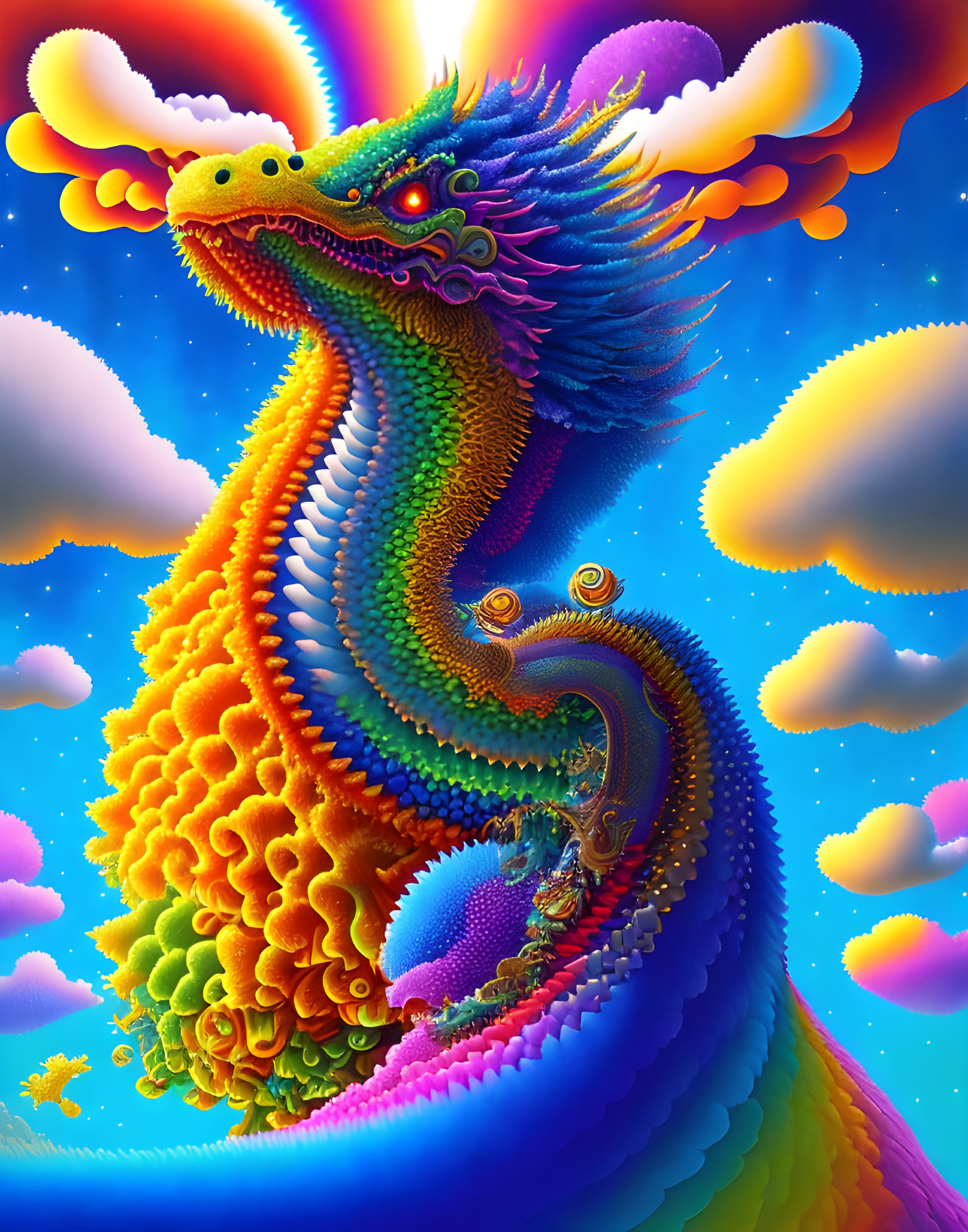 Colorful Chinese Dragon Illustration with Textures and Patterns in Psychedelic Sky