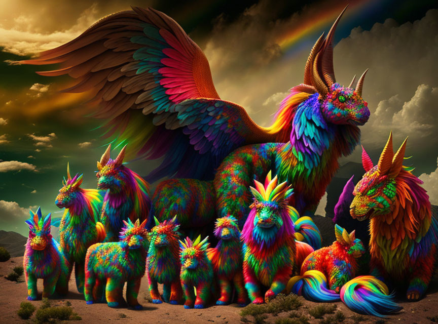Colorful Winged Unicorn and Rainbow Mythical Creatures in Vibrant Scene