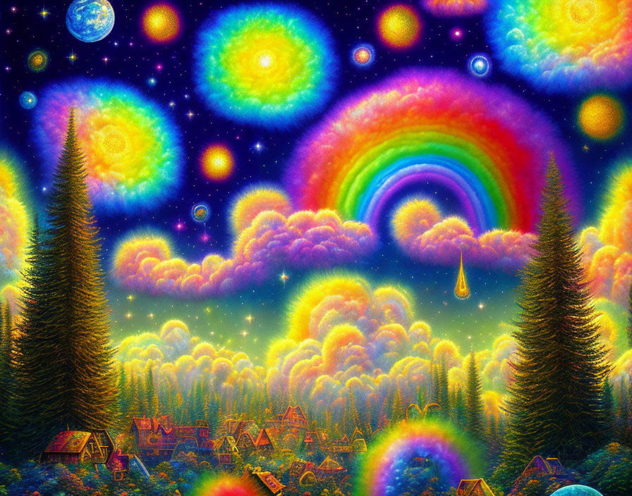 Colorful Psychedelic Landscape with Rainbow, Celestial Bodies, Trees, and Whimsical Houses