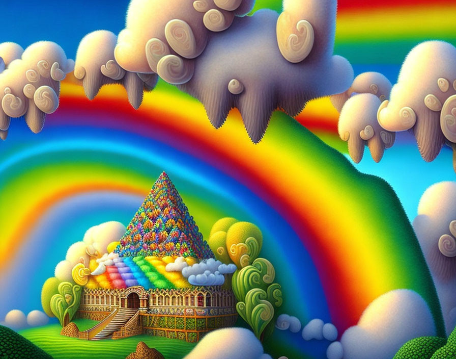Colorful Pyramid Landscape with Rainbows and Whimsical Clouds