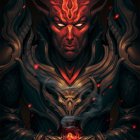 Digital artwork: Character with red horns, intense eyes, feather-like textures, dark moody background.