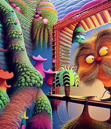 Colorful whimsical image of fluffy creature with expressive eyes in vibrant, alien-like setting