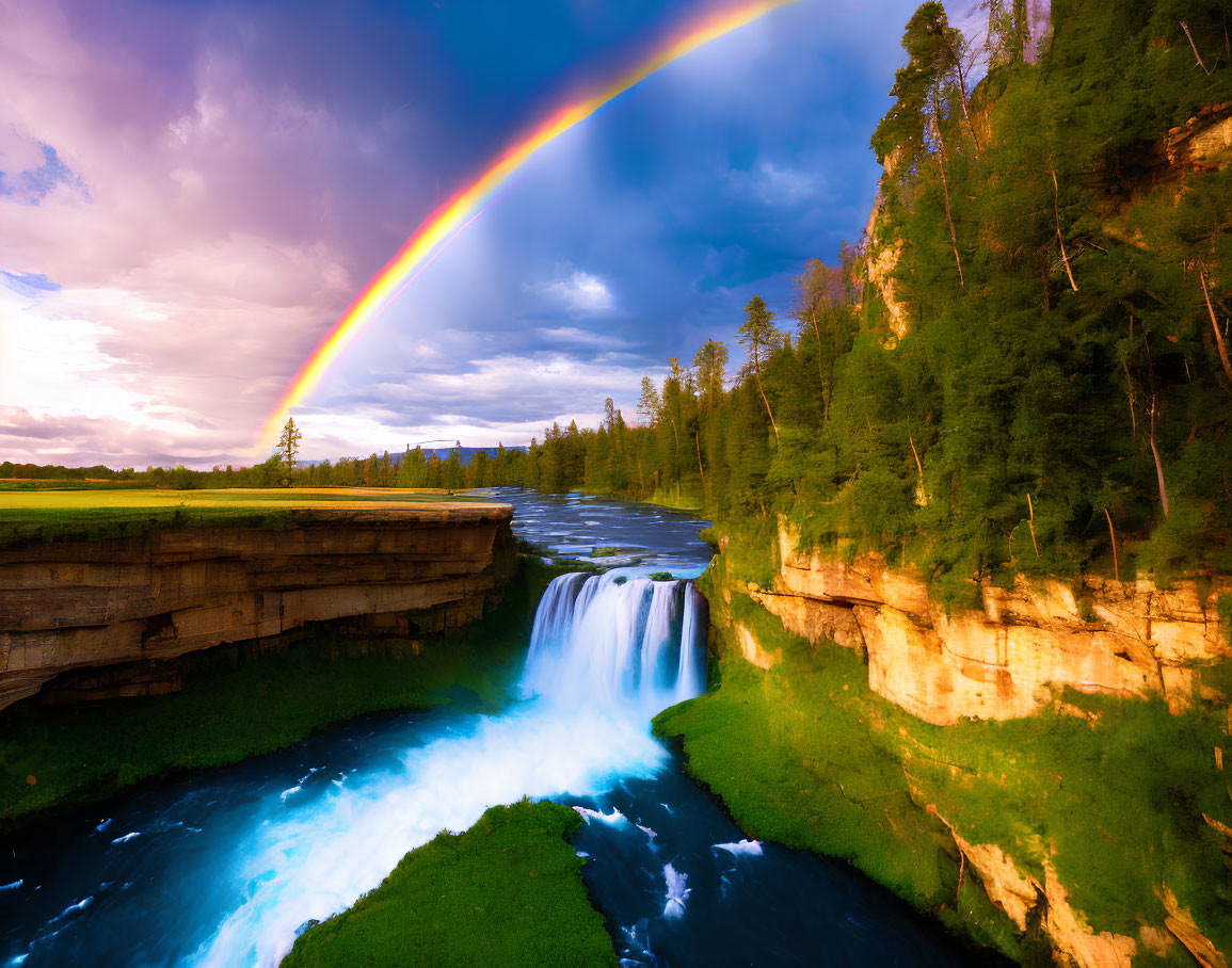 Scenic waterfall with vibrant rainbow and lush greenery