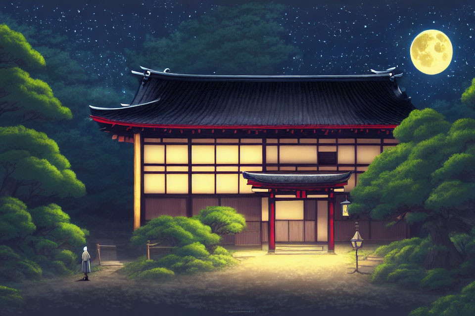 Traditional Japanese building at night with person under starry sky