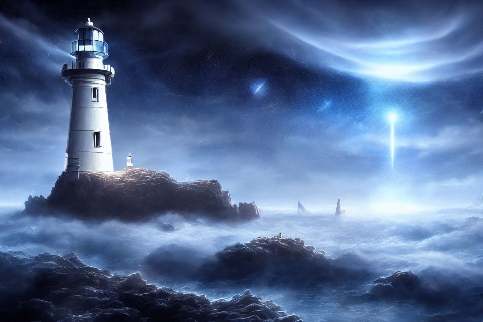 Lighthouse on rocky islet with celestial blue glow and shooting stars