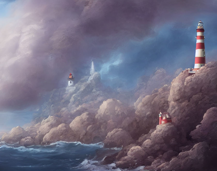 Surreal lighthouses on cloud-like rocks in stormy sea under purple sky