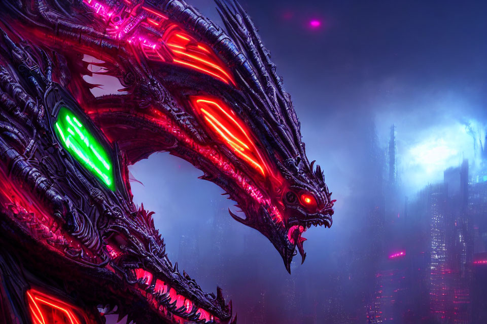 Cybernetic dragon in misty futuristic cityscape with glowing accents