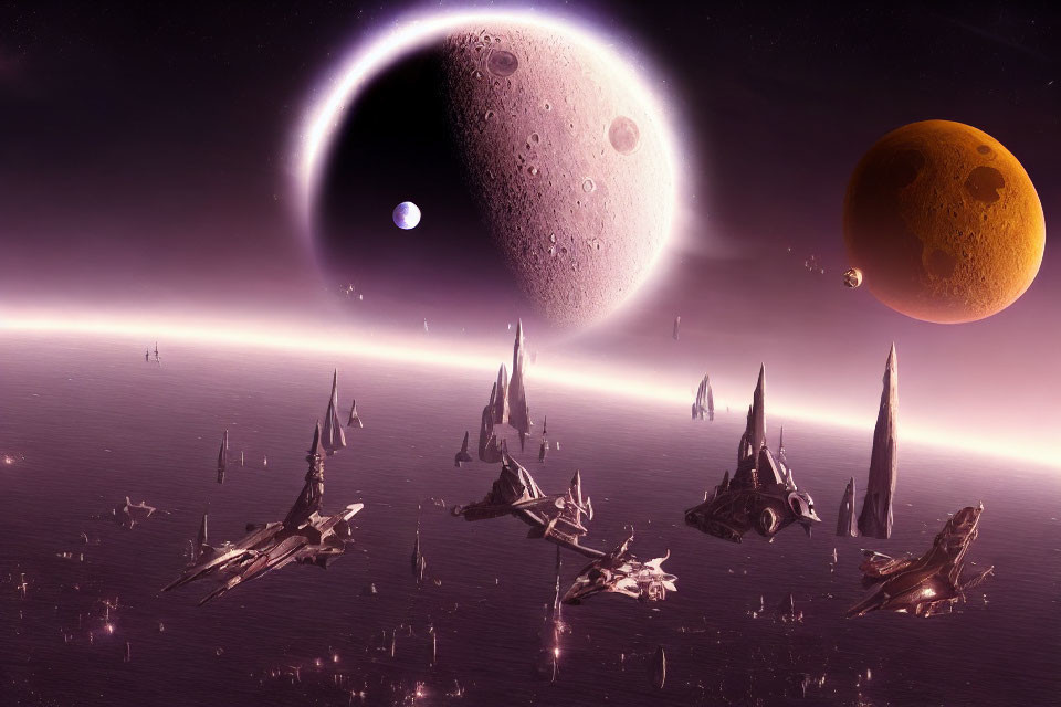 Futuristic spaceships above purple alien landscape