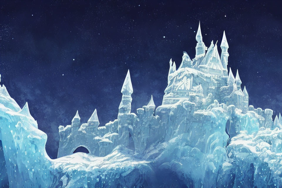 Fantastical ice castle under starry night sky in snowy landscape