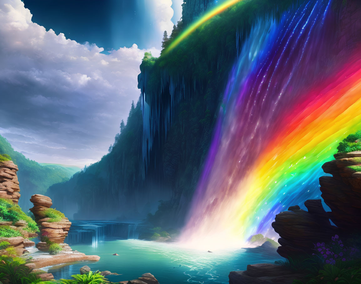 Vibrant digital artwork: mystical waterfall, rainbow, serene lake, lush greenery, rocky cliffs