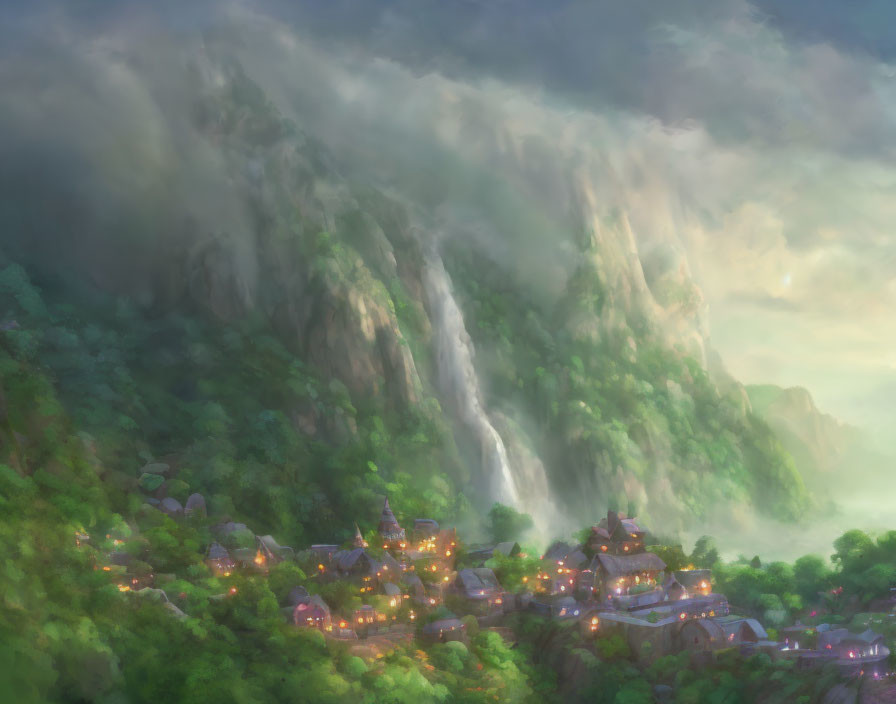 Enchanting village in lush valley with glowing lights & misty cliffs