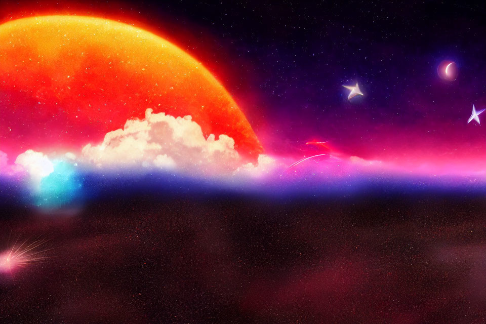 Colorful Fantasy Space Scene with Orange Planet & Nebula Clouds