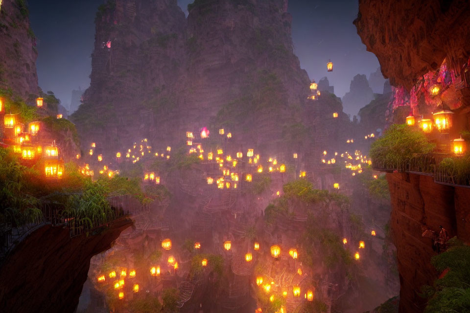 Mystical twilight canyon with floating lanterns & lush vegetation