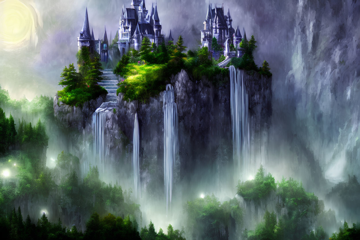 Mystical landscape with towering castles, waterfalls, greenery, and glowing moon