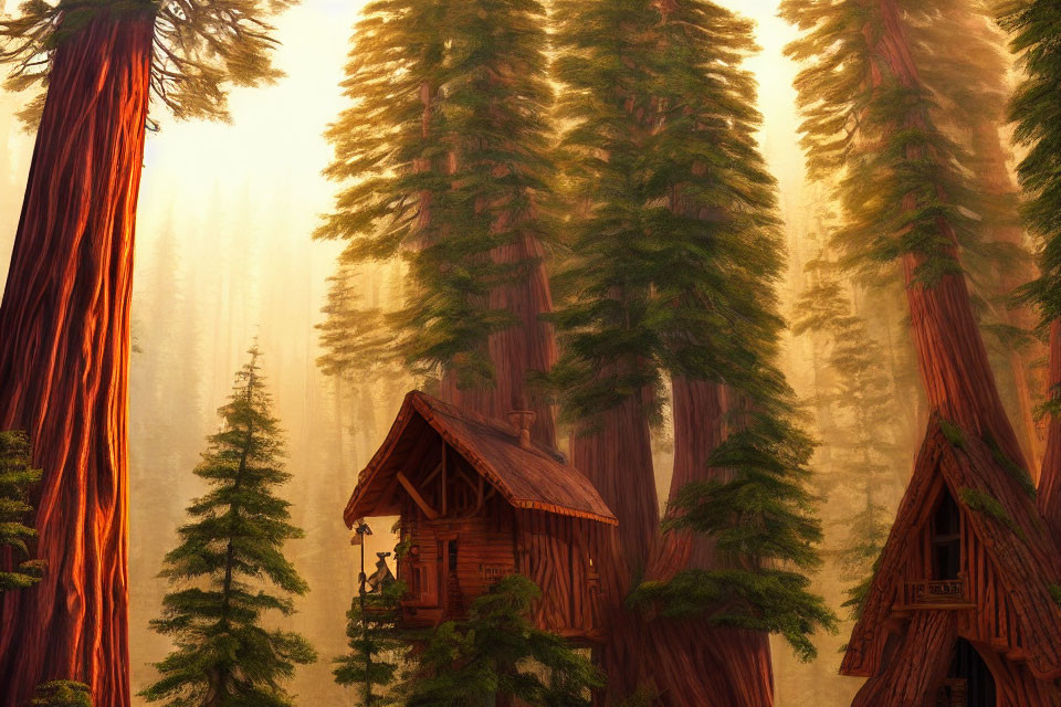 Tranquil forest with towering trees and cozy wooden cabins