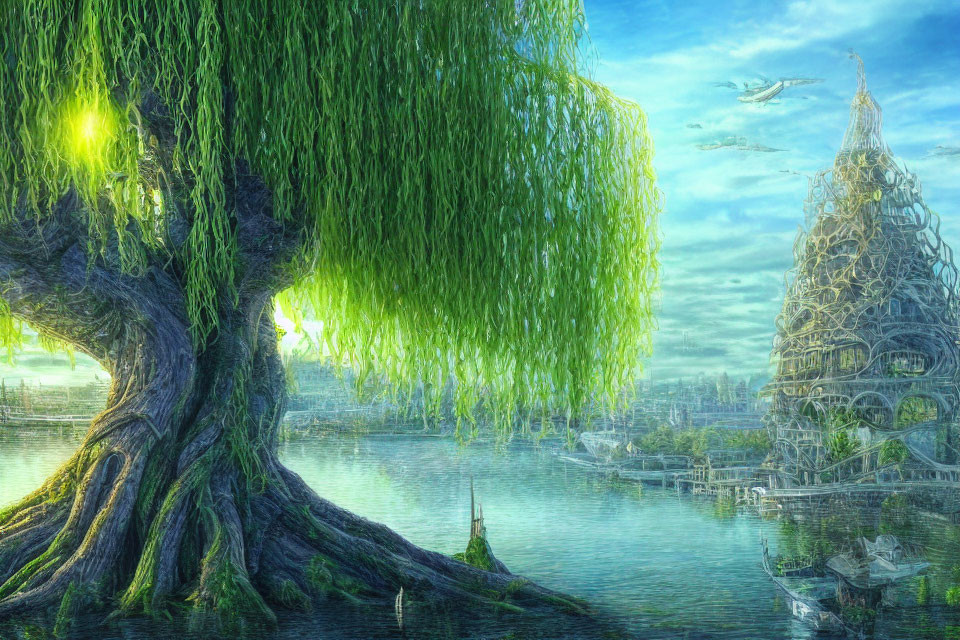 Ethereal fantasy landscape with weeping willow tree, tower, lake, and flying creatures