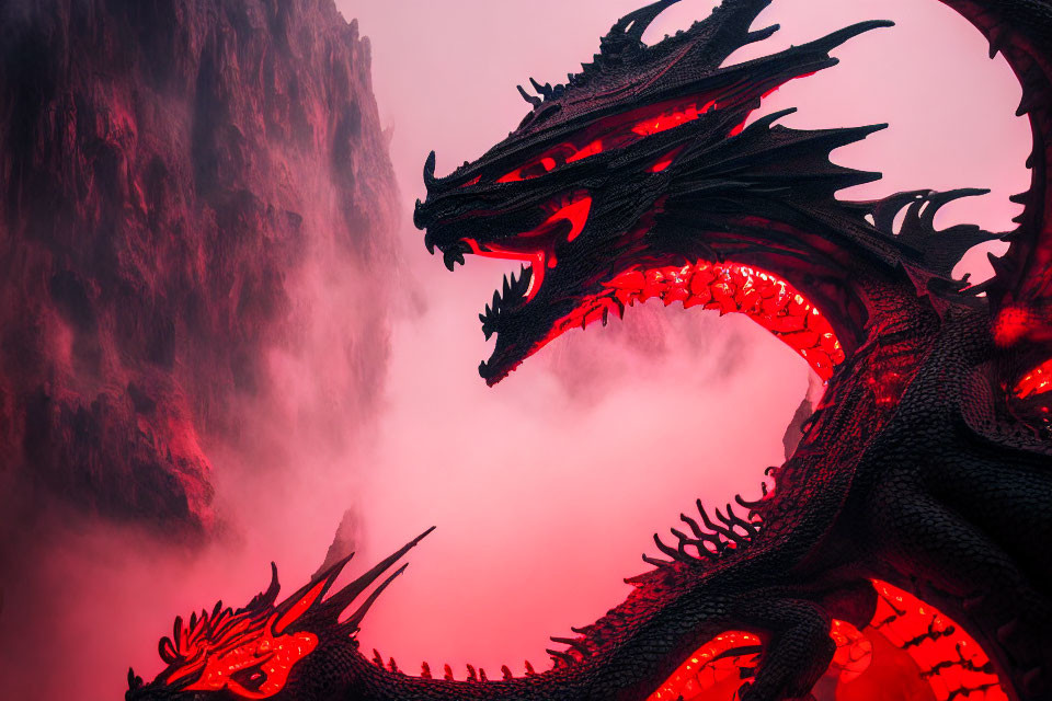 Black Dragon with Glowing Red Eyes in Misty Cliff Setting