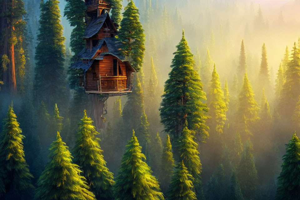 Cozy wooden treehouse in misty forest ambiance