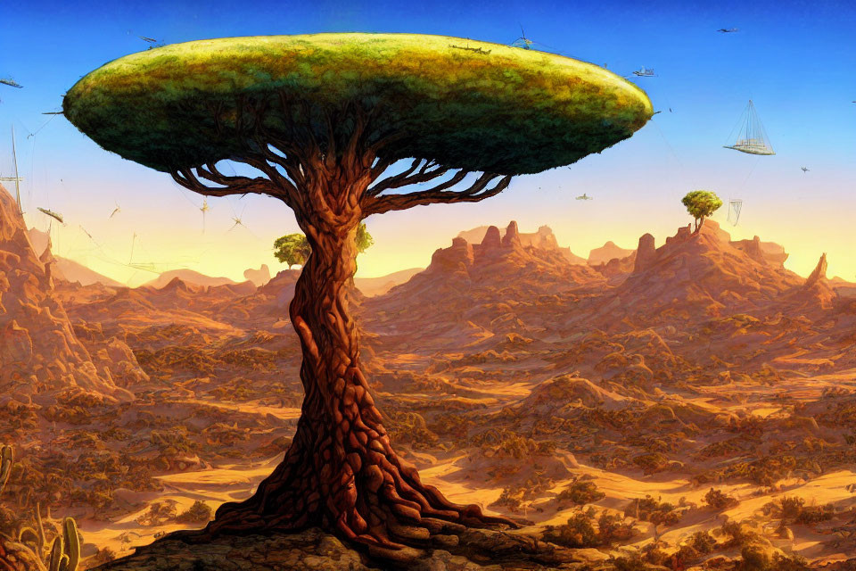 Gigantic tree on alien landscape with futuristic ships and rocky terrains