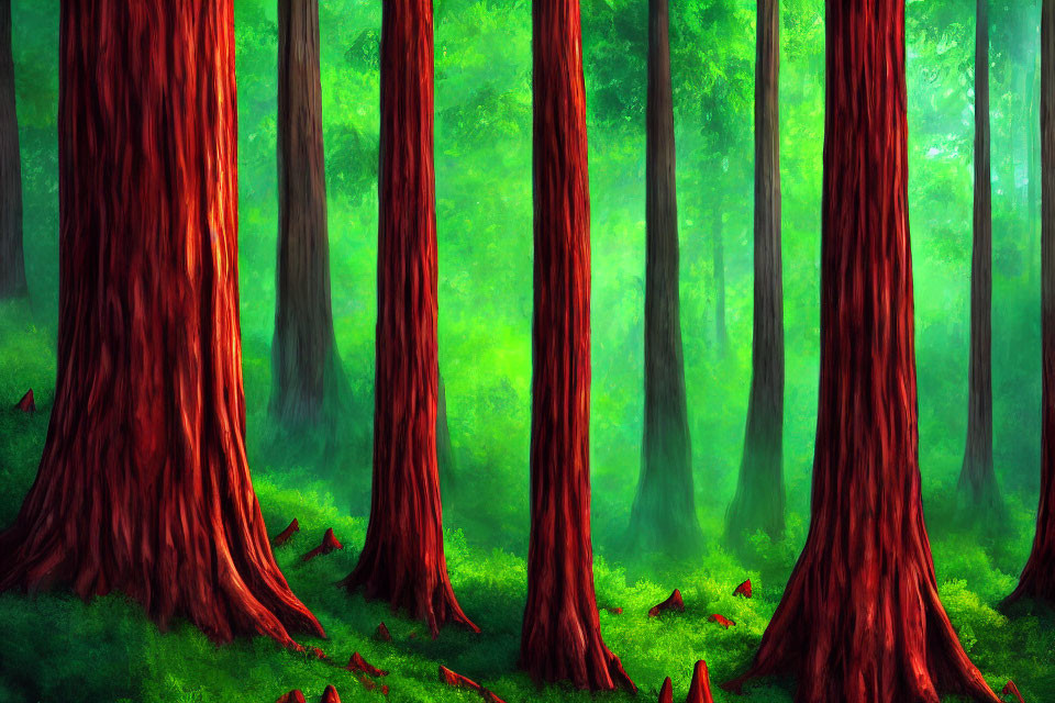 Lush enchanted forest with vibrant green foliage and towering red-barked trees