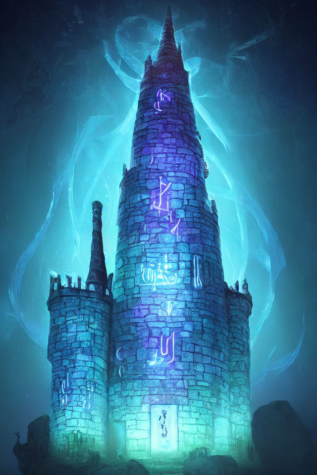 Mystical tower with glowing runes and blue wisps on dark background