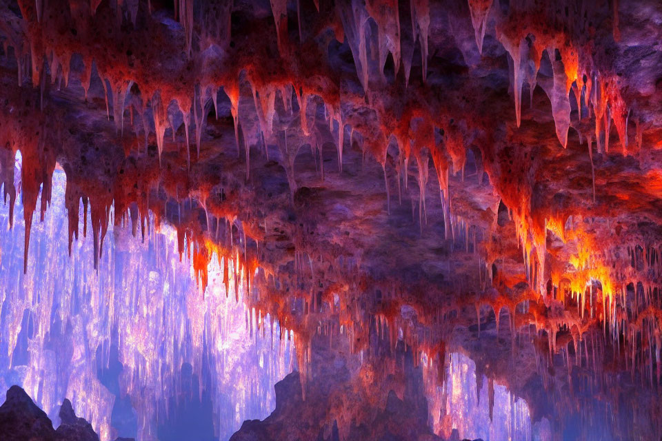 Colorful Cave Interior with Glowing Purple and Orange Stalactites and Stalagmites
