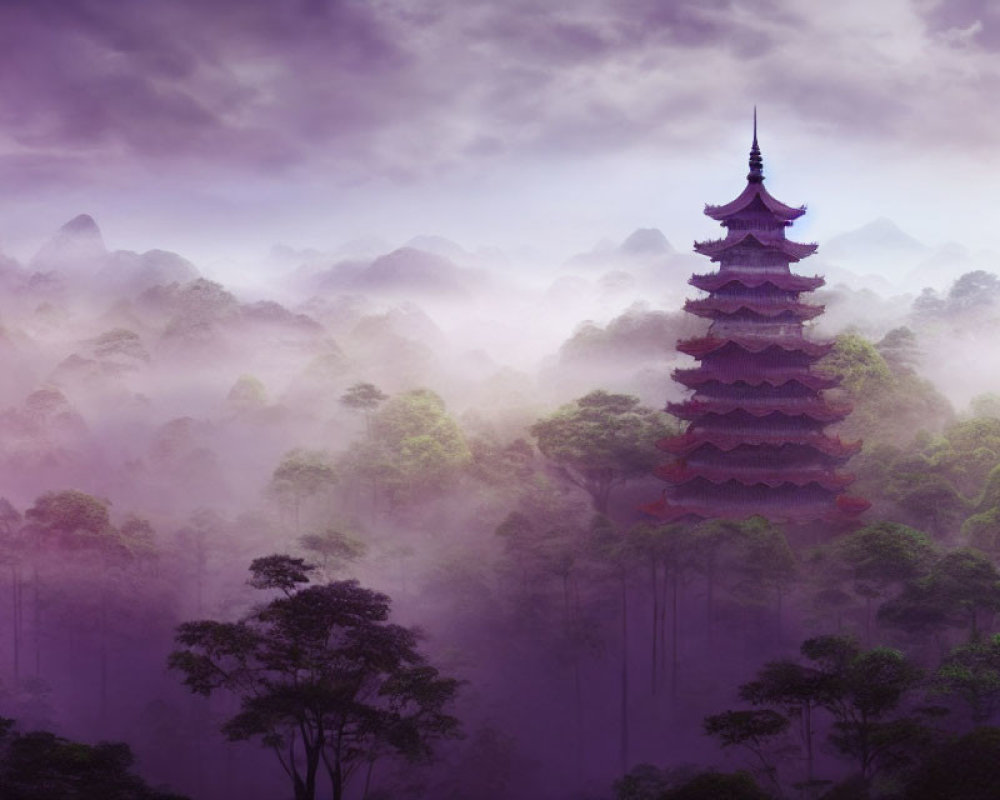 Majestic multi-tiered pagoda in mystical purple landscape
