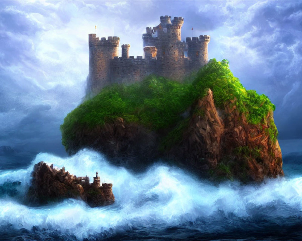 Ancient castle on green hill amidst turbulent sea waves and dramatic sky