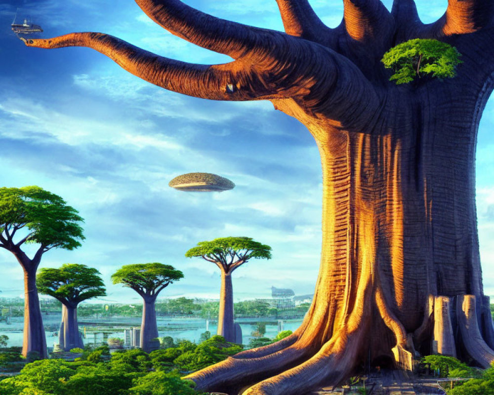 Giant tree in futuristic cityscape with flying saucer and smaller trees