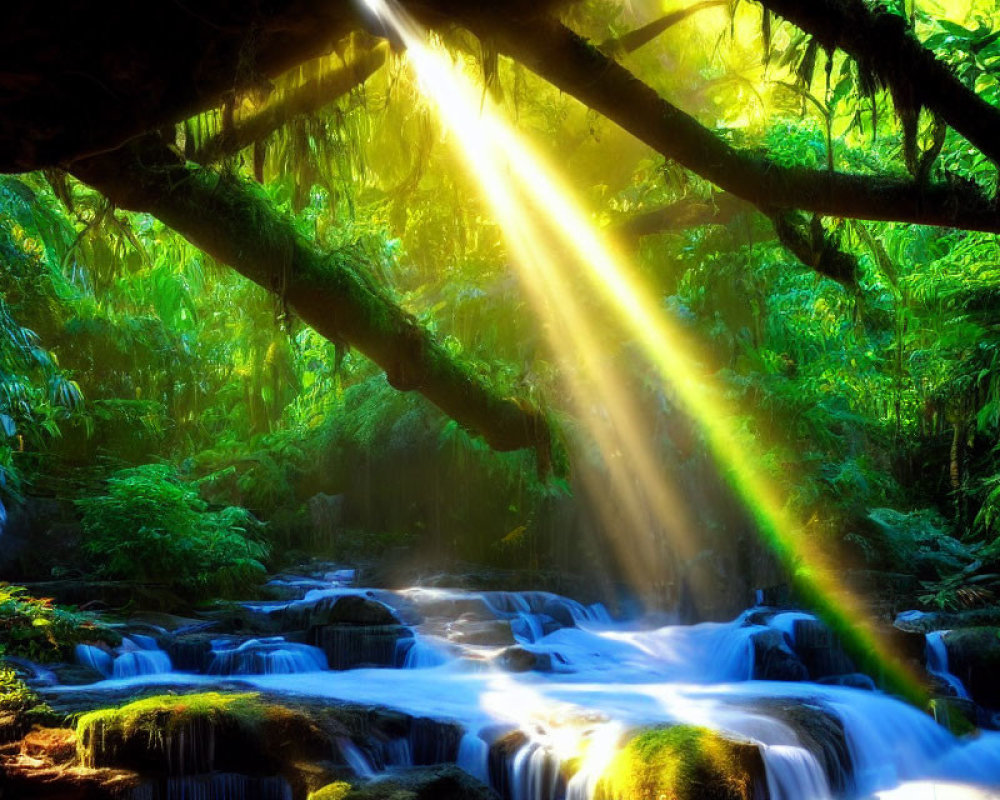 Sunlight through green forest canopy onto cascading waterfall