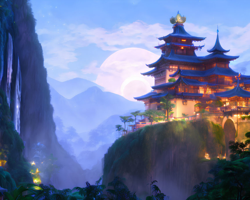 Serene fantasy landscape with pagoda, waterfall, mountains, and full moon