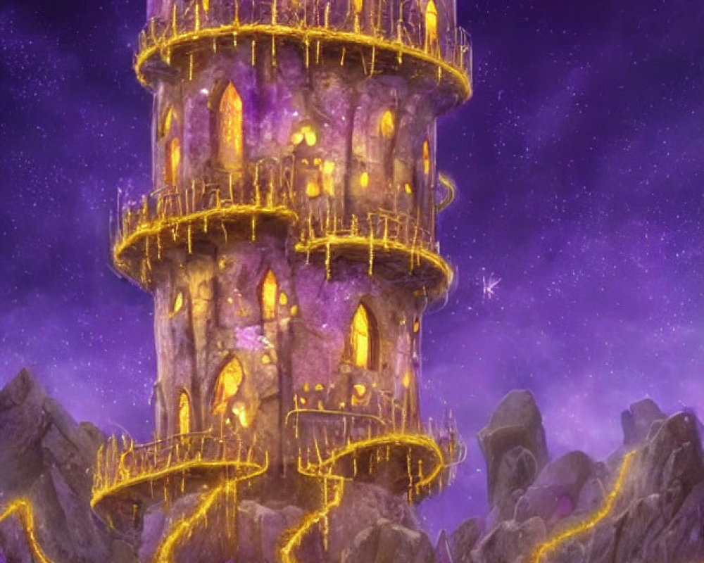 Mystical Purple Tower with Glowing Yellow Windows in Rocky Terrain