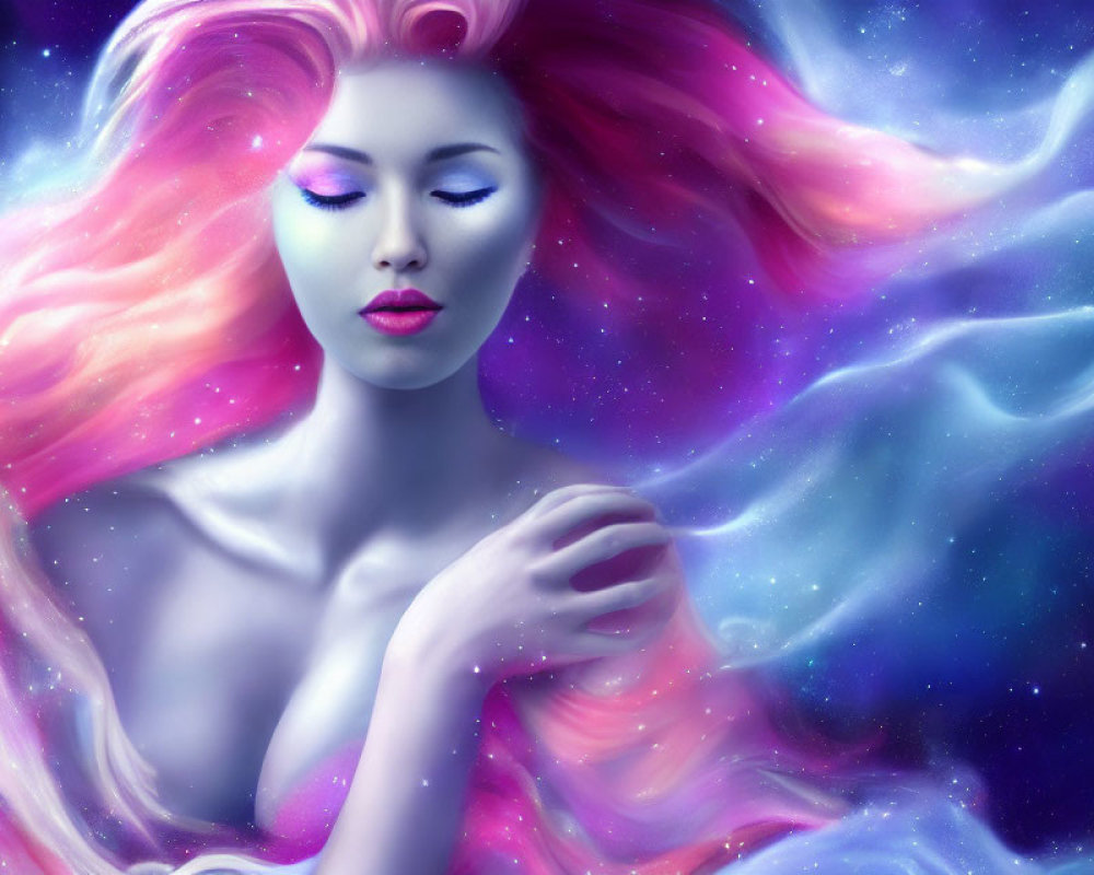 Vibrant digital artwork of woman with pink hair and cosmic background