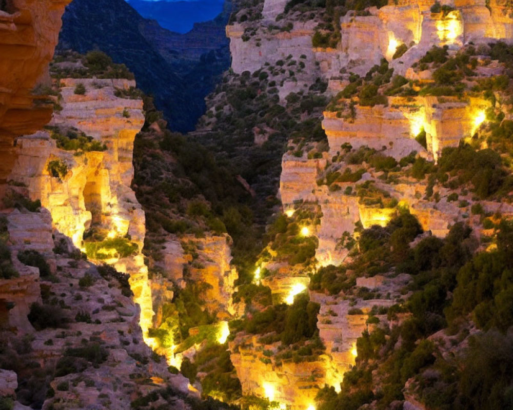 Twilight canyon with illuminated pathways