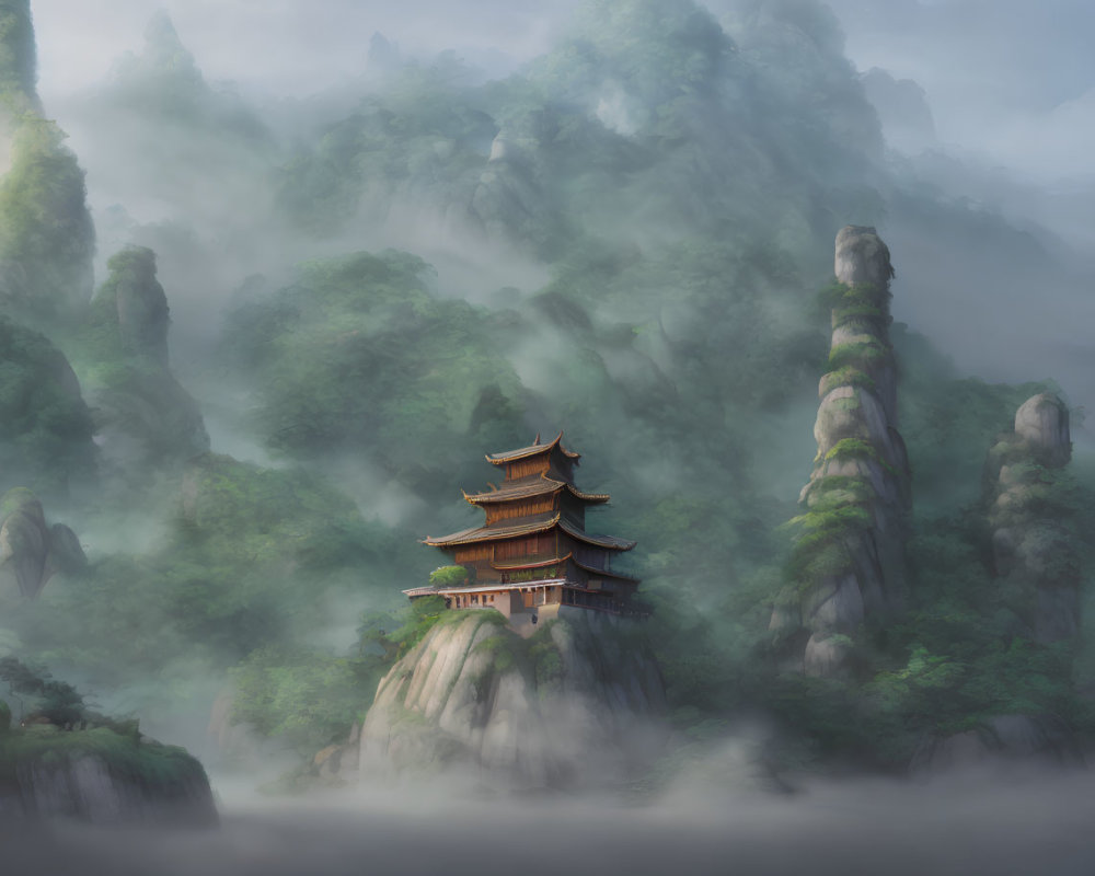 Traditional East Asian Pagoda on Misty Mountain with Karst Formations