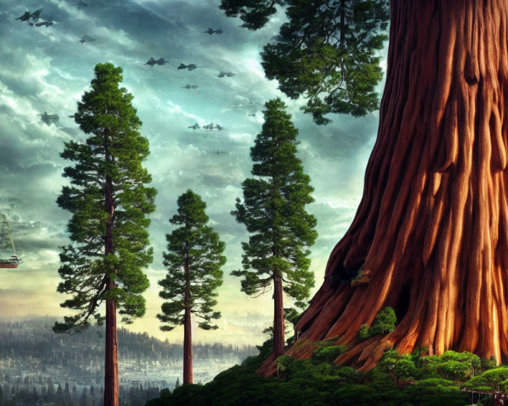 Enormous ancient tree in fantasy landscape with flying ships