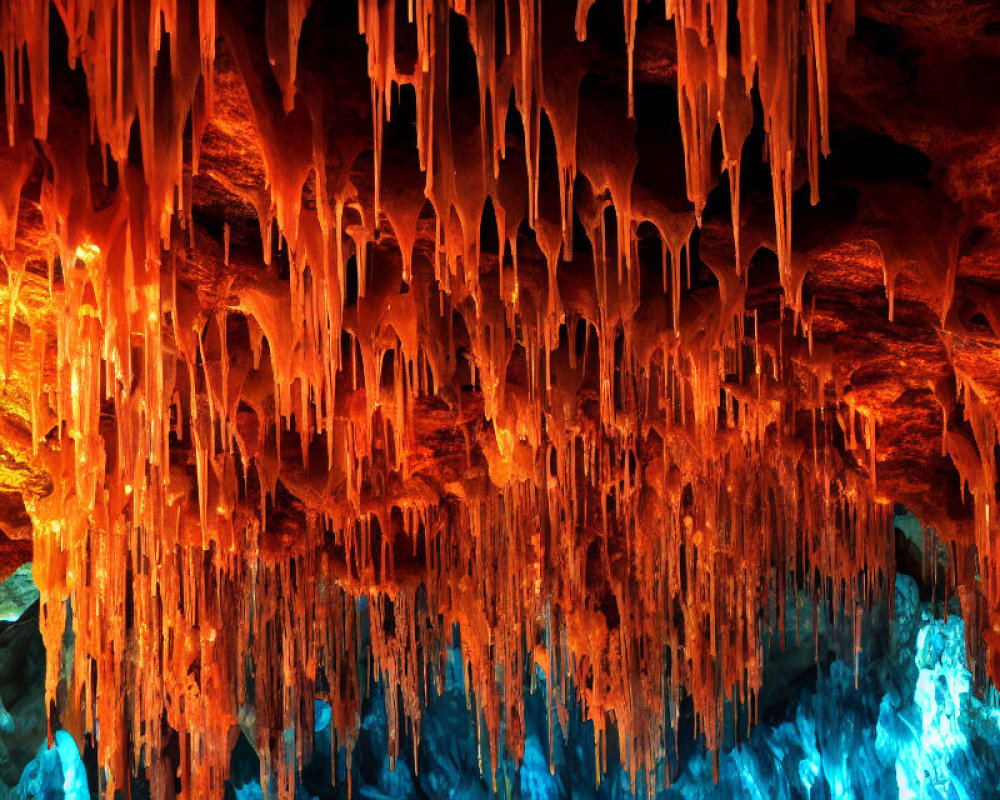 Dramatic cave with illuminated stalactites in warm orange and cool blue lighting