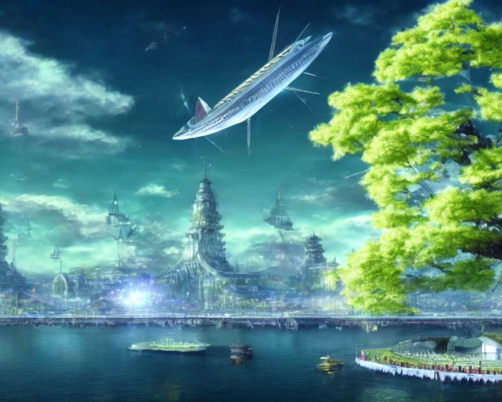 Futuristic cityscape with floating structures, airships, green trees, and waterfront