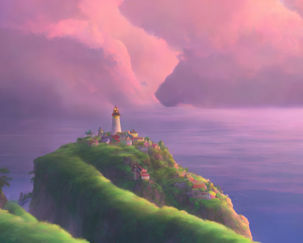 Lighthouse on green hill with houses under pink and purple sky