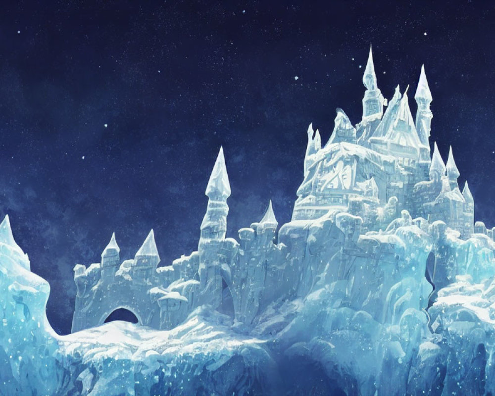 Fantastical ice castle under starry night sky in snowy landscape