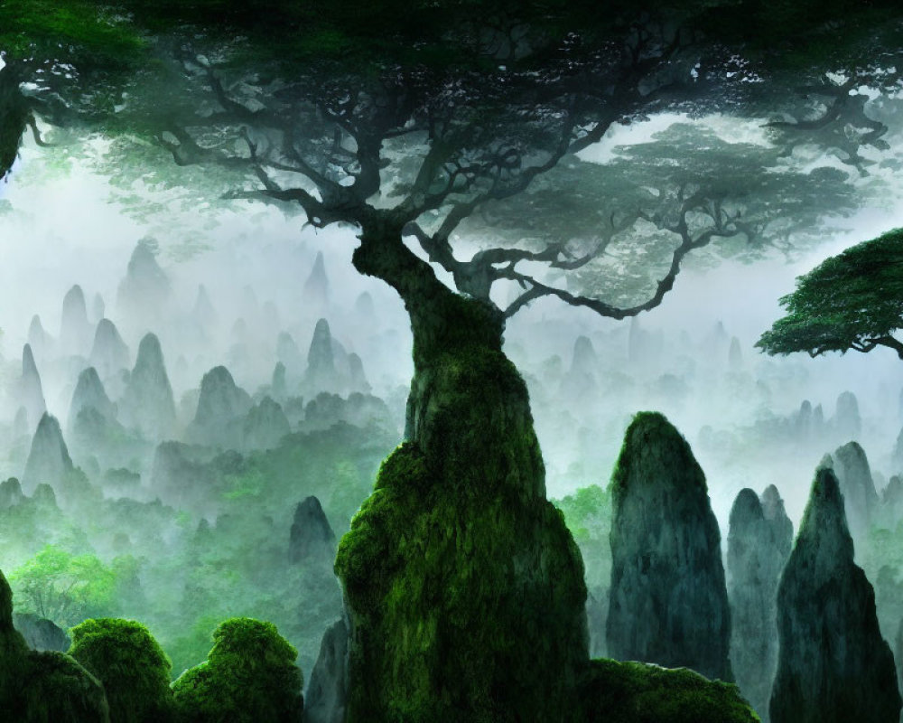 Mystical Green Forest with Dense Fog and Towering Trees