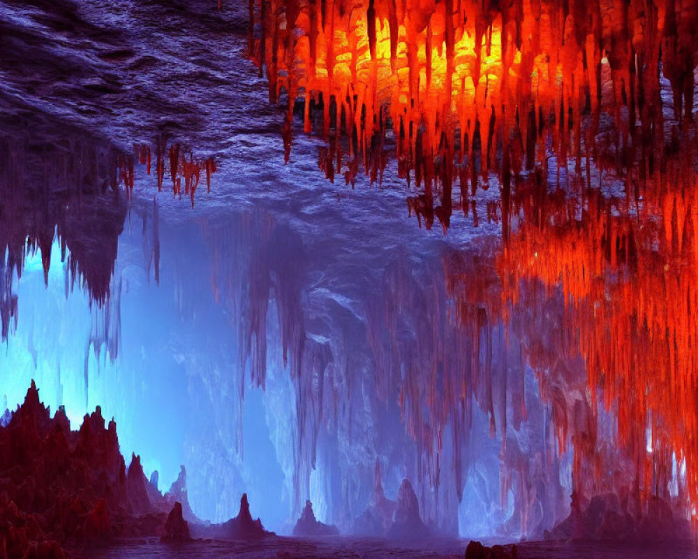 Majestic cave with icicle ceiling and blue-lit formations